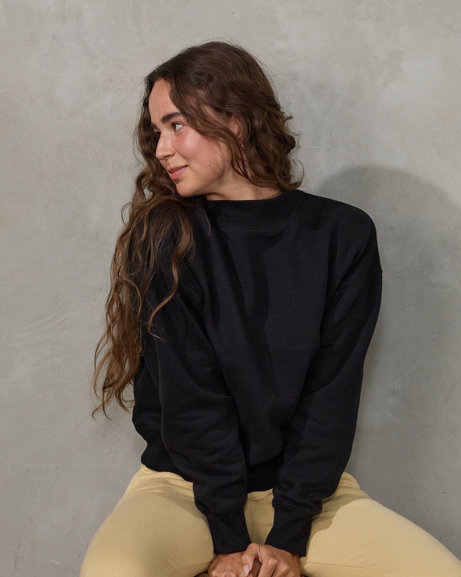 Easy Sweat Brushed Fleece Black Sweater Organic Crew