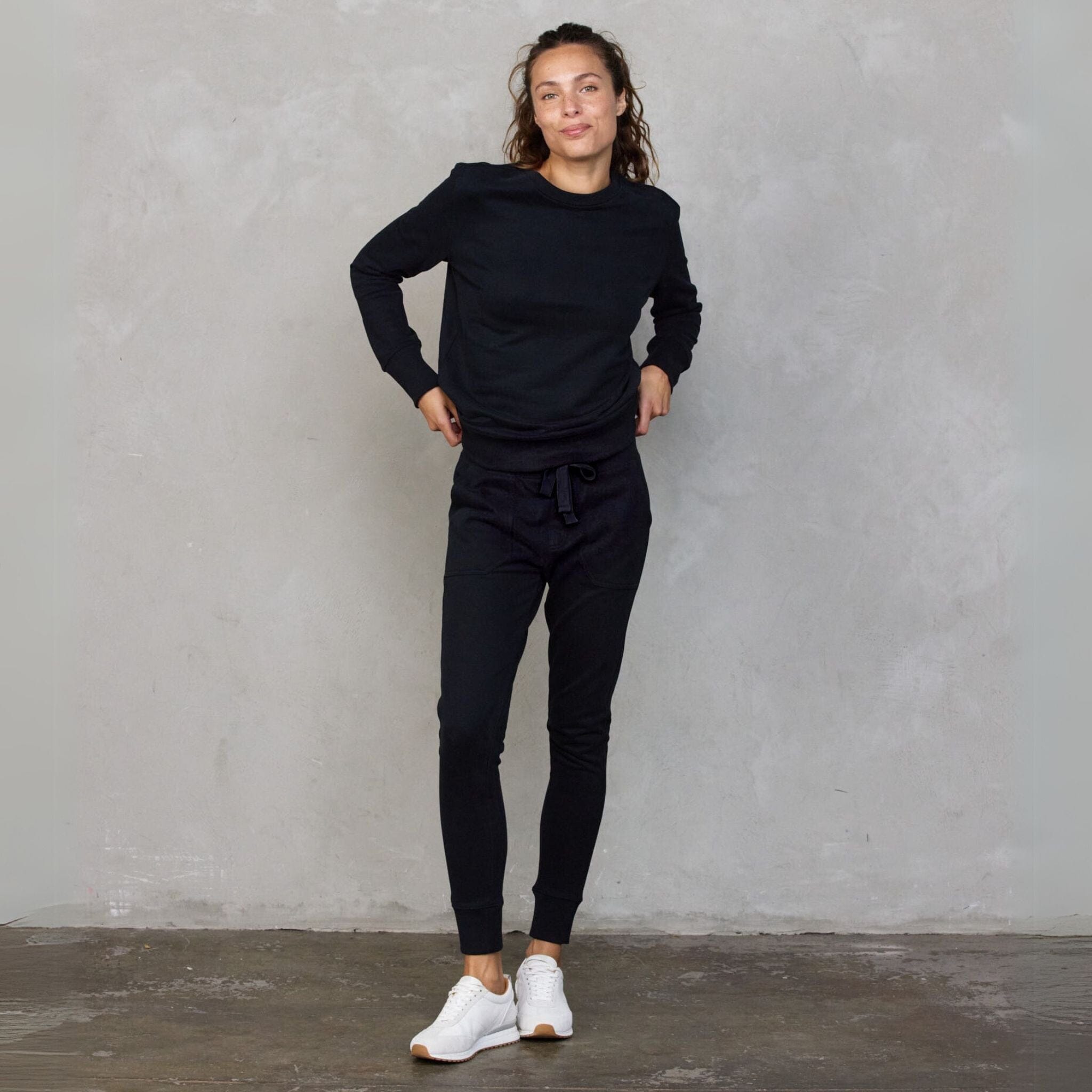 Chloe Organic Cotton Lux Touch Jogger Black with Black Drawstring pants Organic Crew