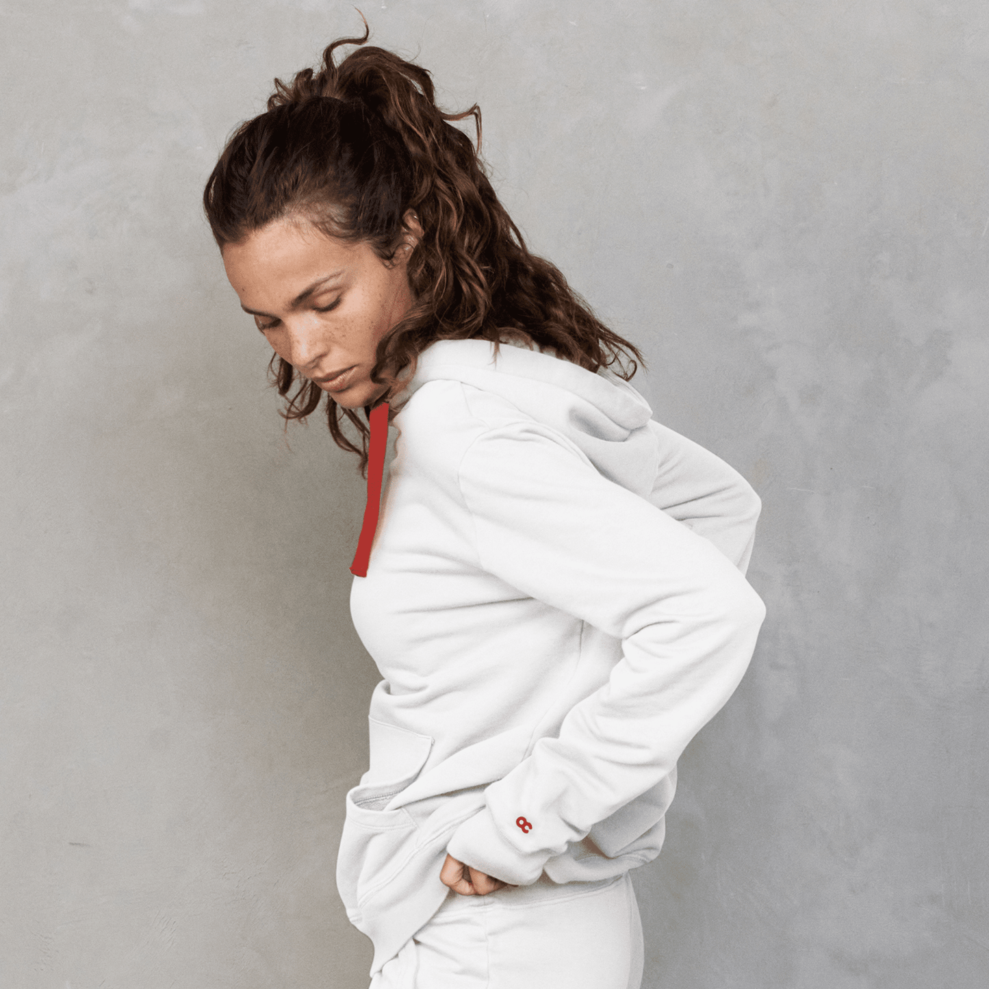 Slouchy Hoodie White with Red Drawstring Sweater Organic Crew