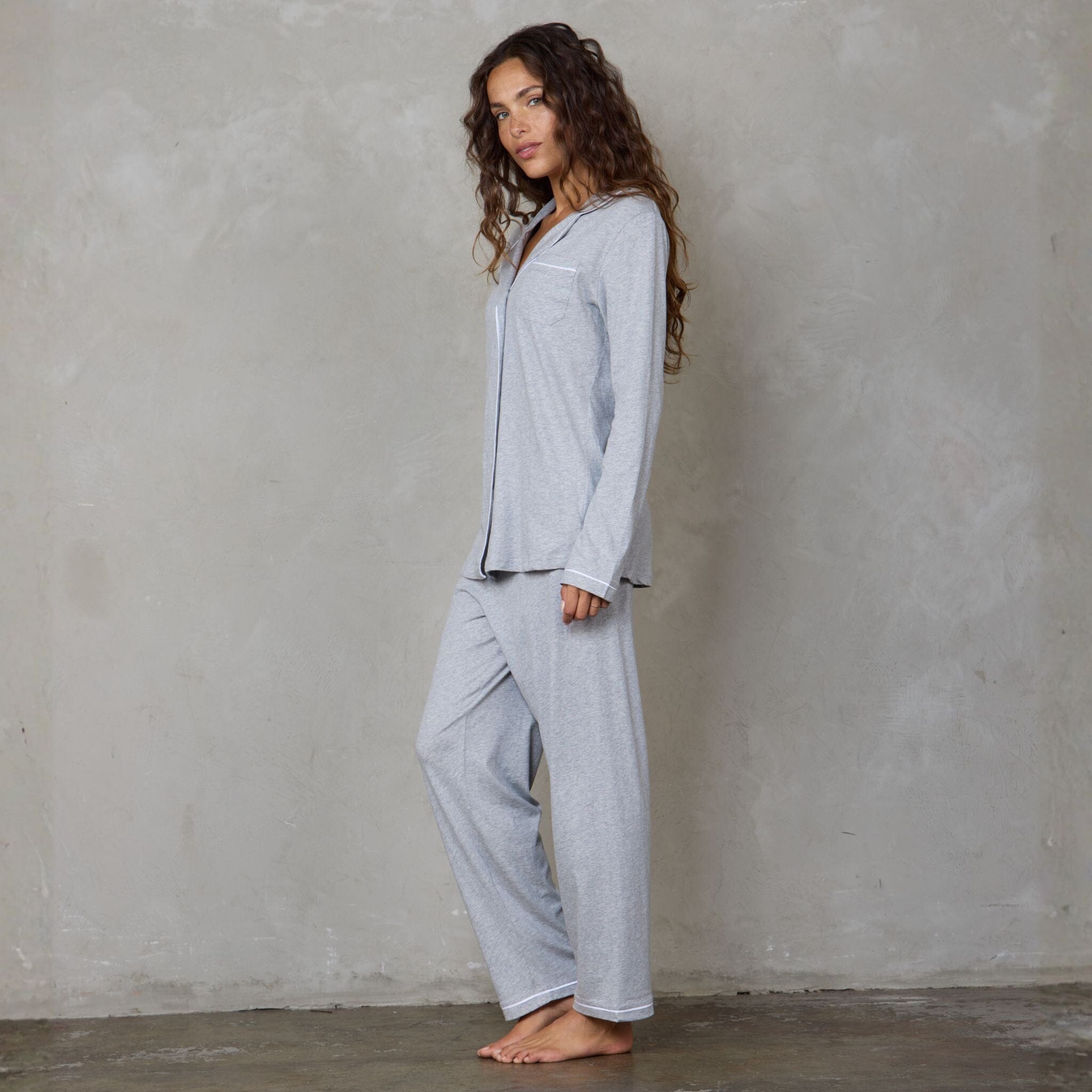 Portsea Long Sleeve Organic Cotton PJ Set Grey Marle pj's Organic Crew