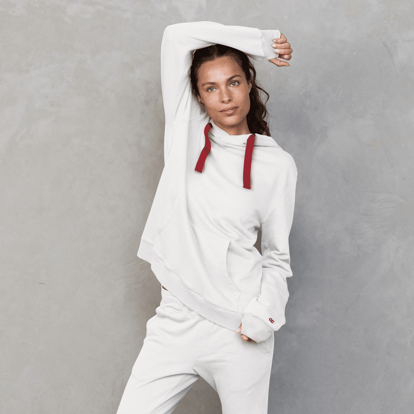 Slouchy Hoodie White with Red Drawstring Sweater Organic Crew