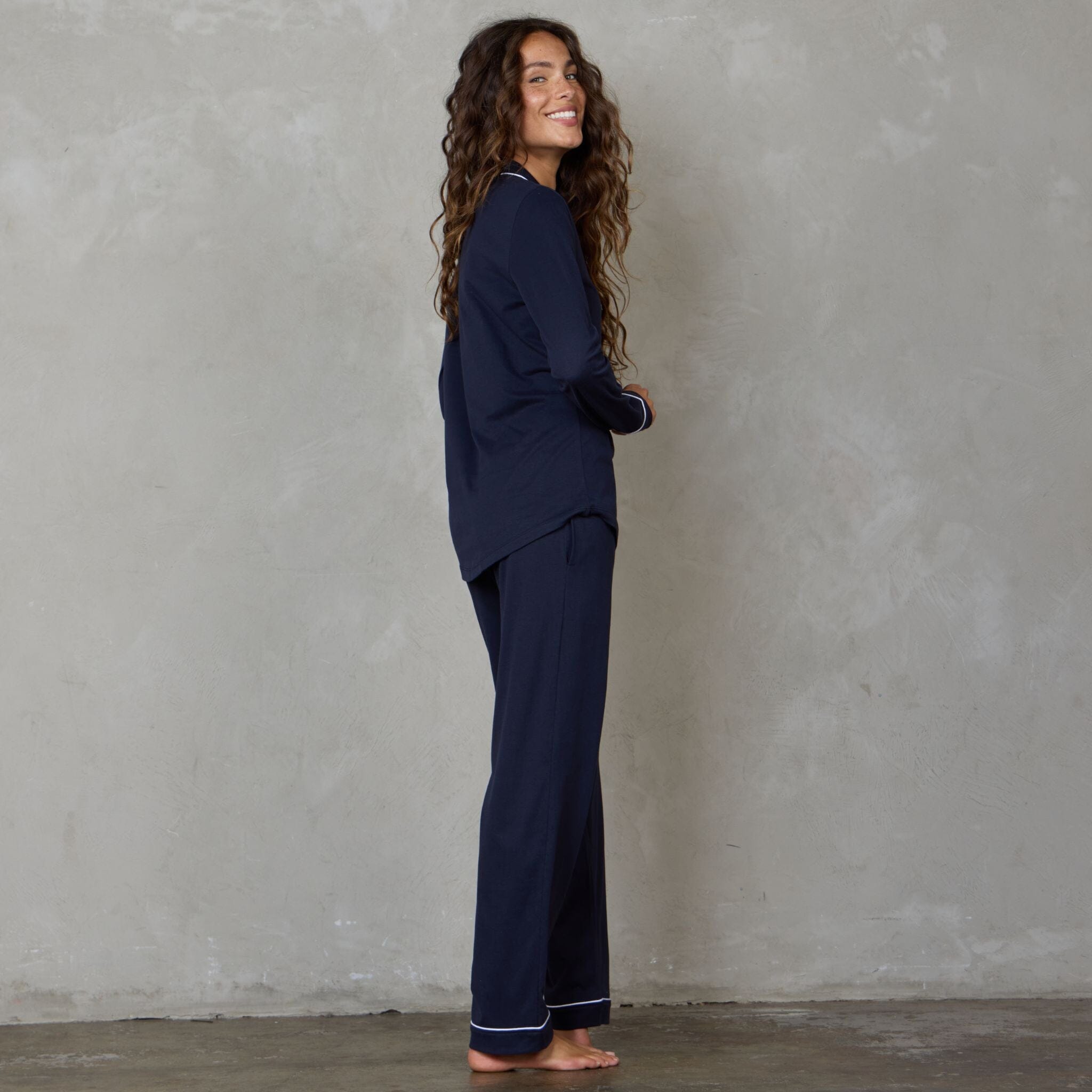 Portsea Long Sleeve Organic Cotton PJ Set Navy pj's Organic Crew