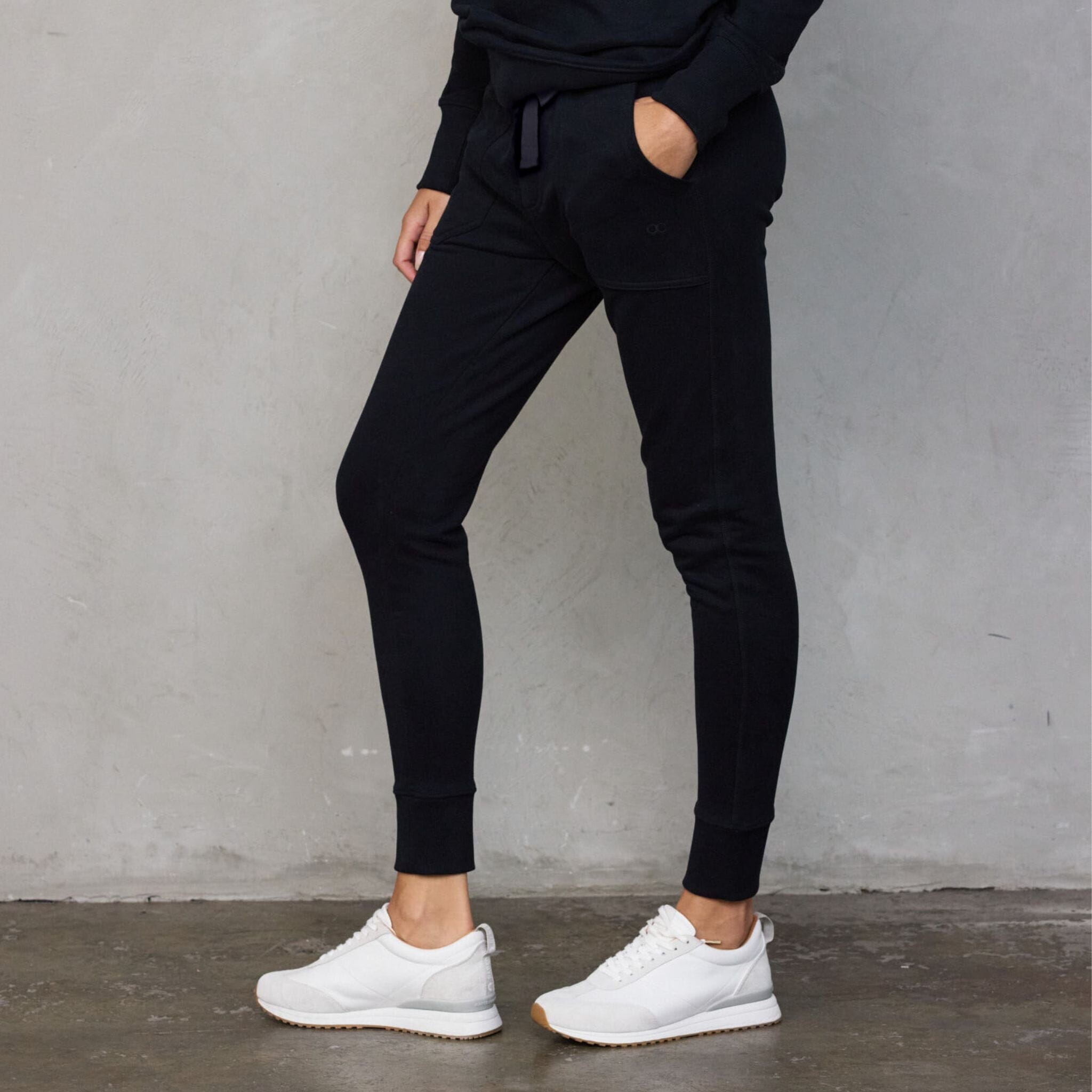 Chloe Organic Cotton Lux Touch Jogger Black with Black Drawstring pants Organic Crew