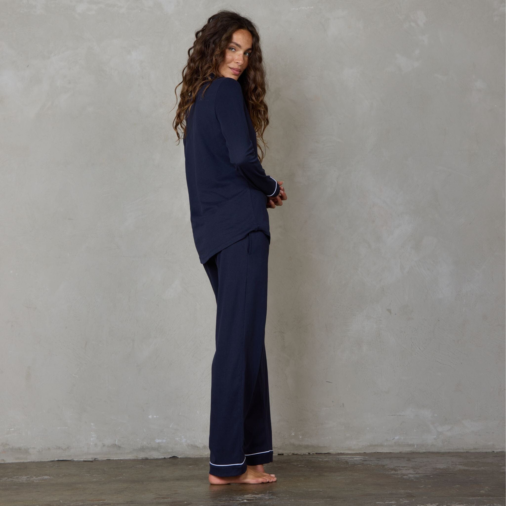 Portsea Long Sleeve Organic Cotton PJ Set Navy pj's Organic Crew