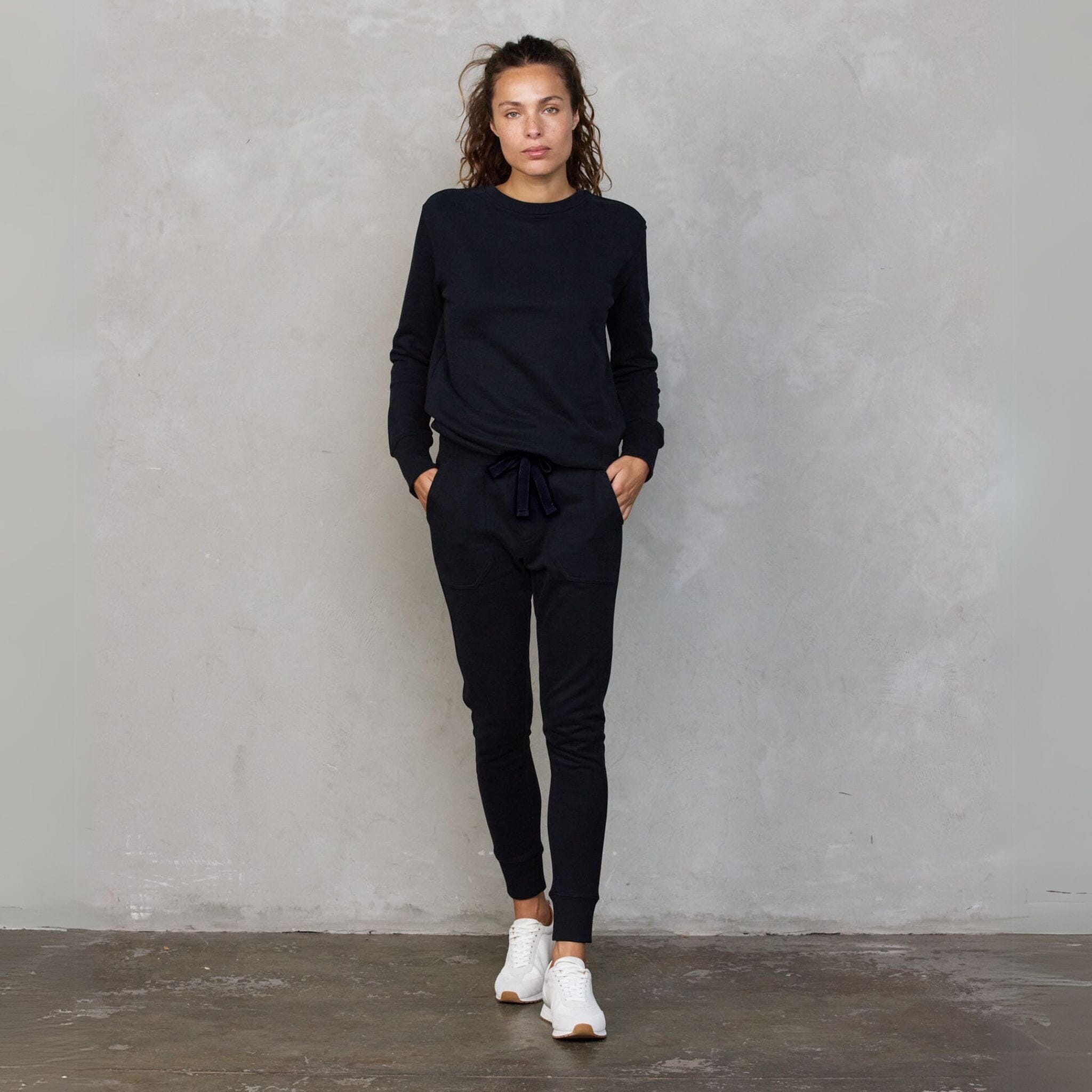 Chloe Organic Cotton Lux Touch Jogger Black with Black Drawstring pants Organic Crew