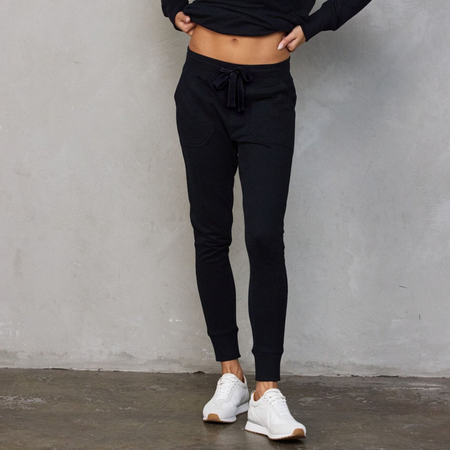 Chloe Organic Cotton Lux Touch Jogger Black with Black Drawstring pants Organic Crew