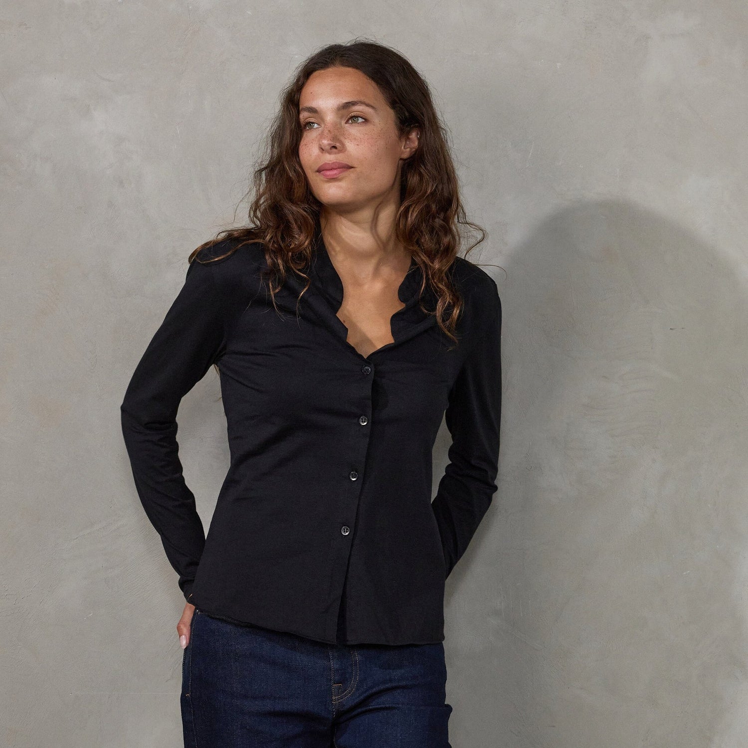 Button Through Shirt Black Shirt Organic Crew