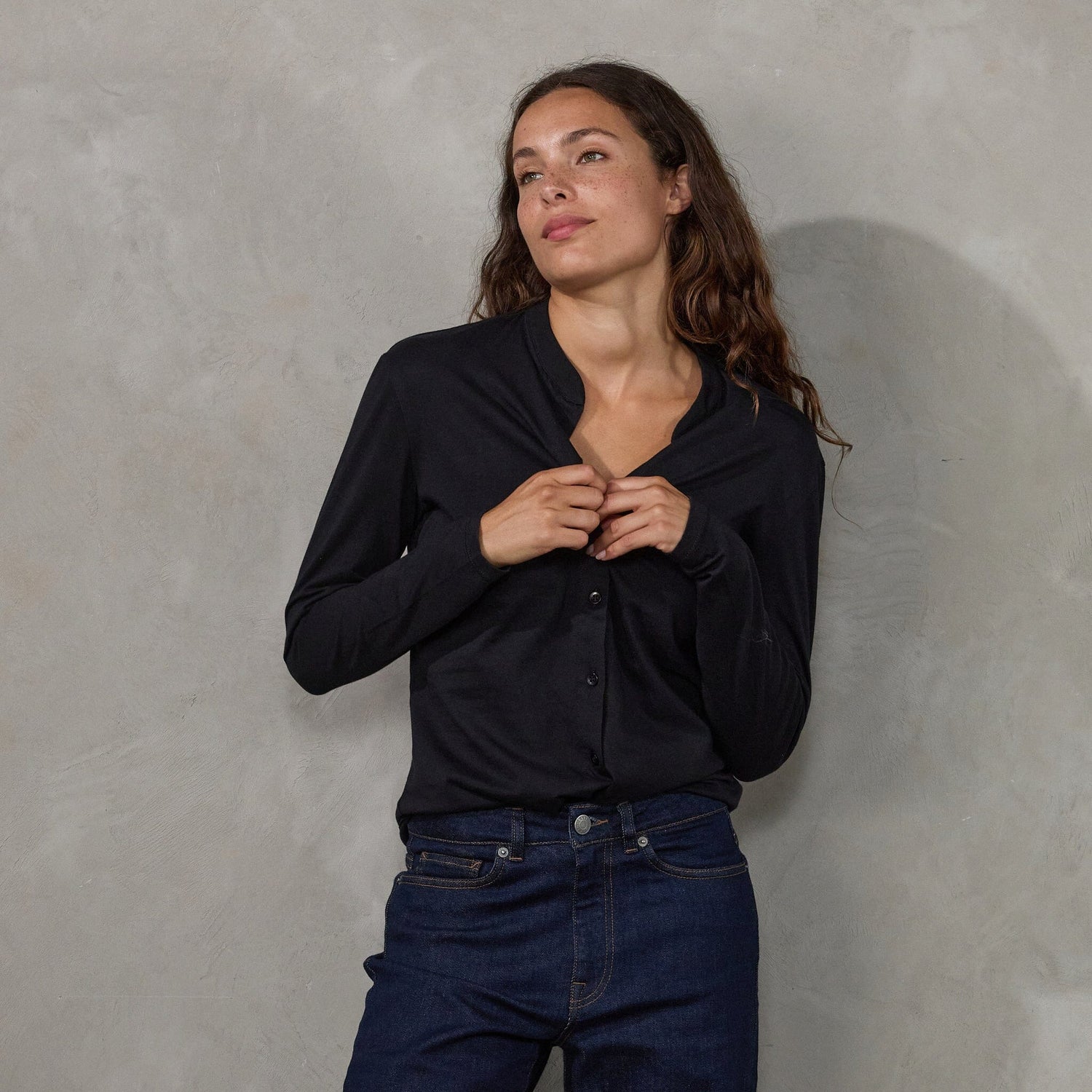 Button Through Shirt Black Shirt Organic Crew