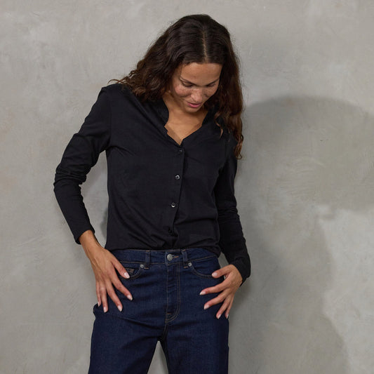 Button Through Shirt Black Shirt Organic Crew