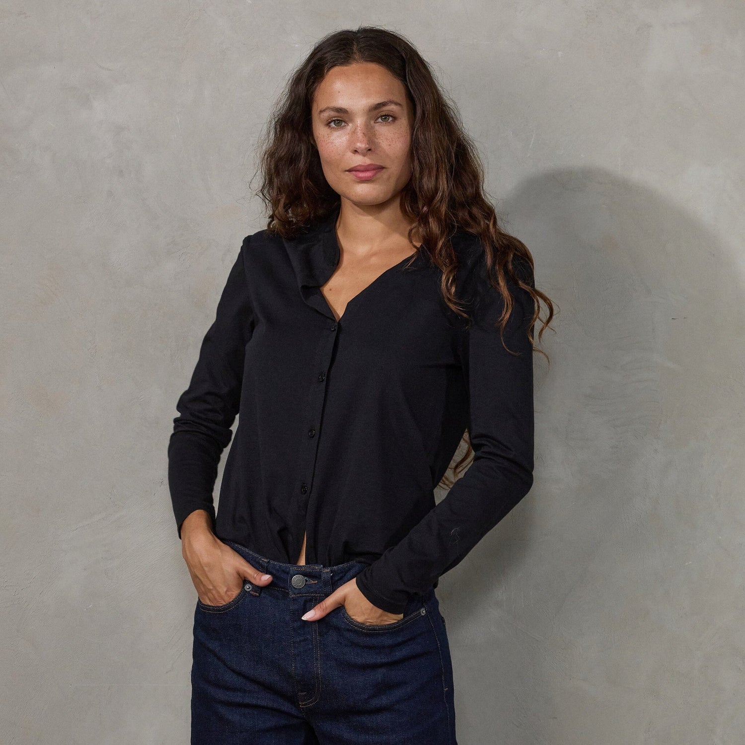 Button Through Shirt Black Shirt Organic Crew