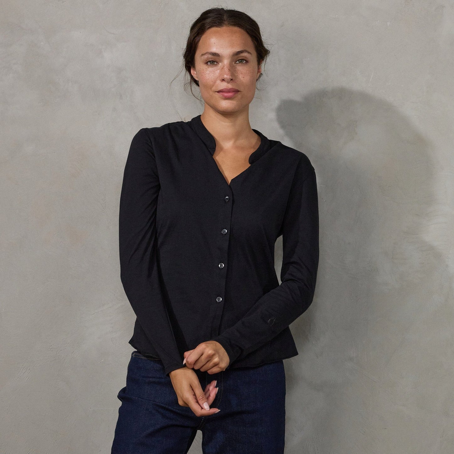 Button Through Shirt Black Shirt Organic Crew