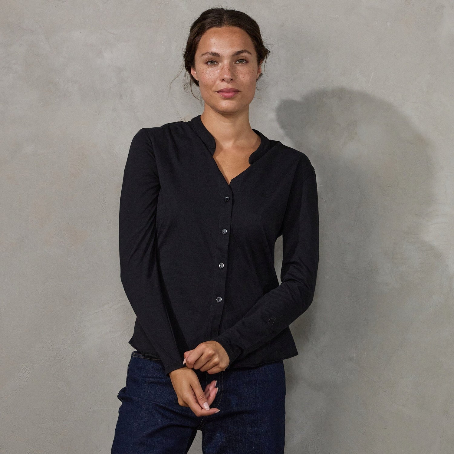 Button Through Shirt Black Shirt Organic Crew