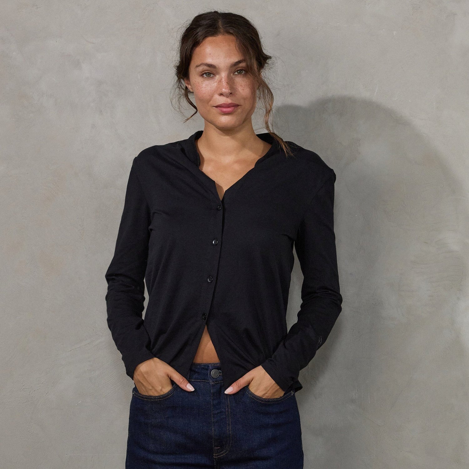 Button Through Shirt Black Shirt Organic Crew