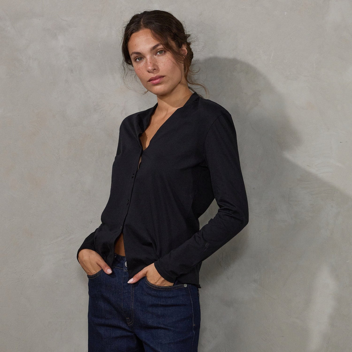 Button Through Shirt Black Shirt Organic Crew