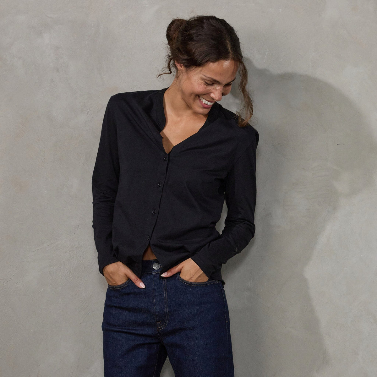 Button Through Shirt Black Shirt Organic Crew