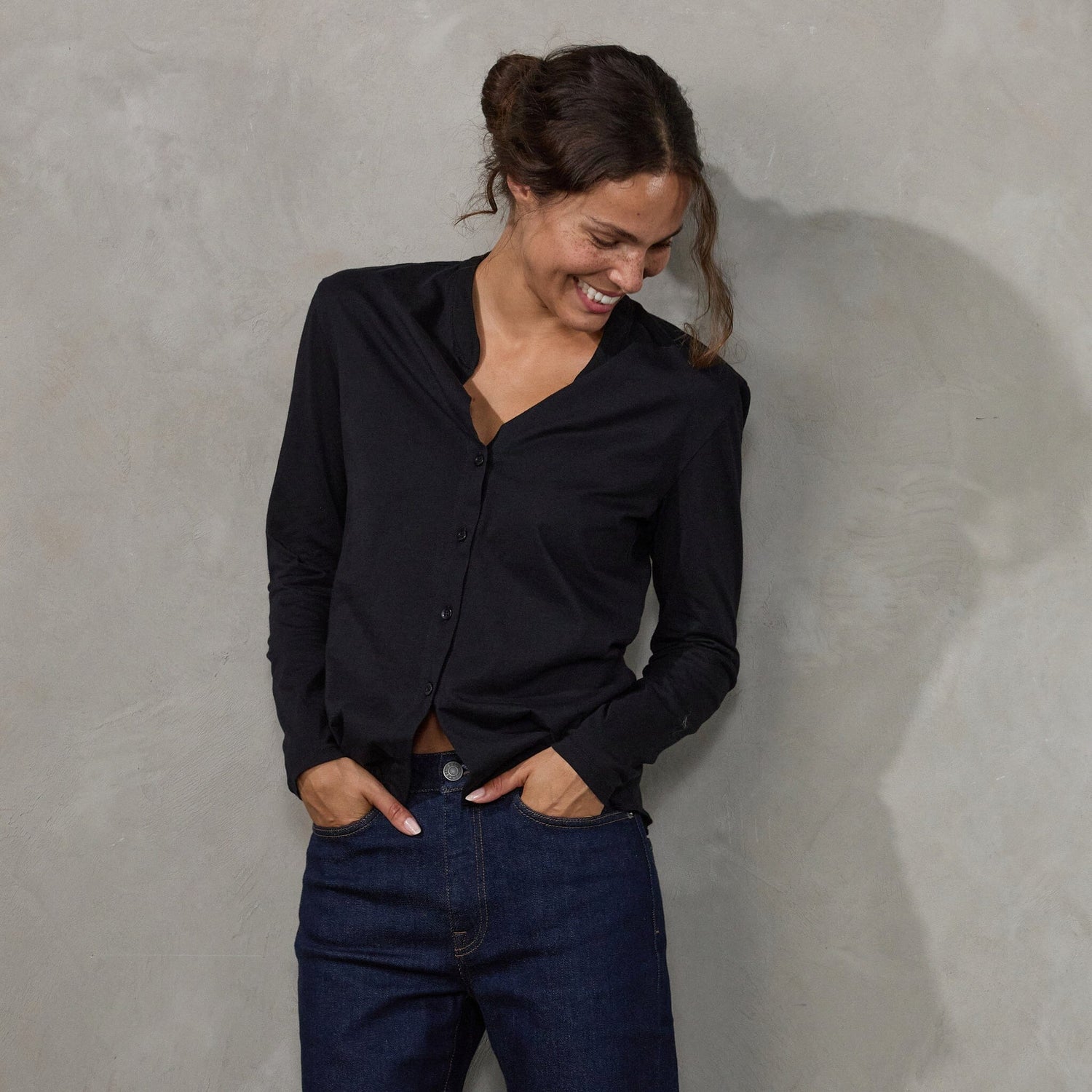 Button Through Shirt Black Shirt Organic Crew