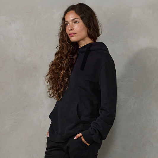Slouchy Organic Cotton Hoodie Black with Black Drawstring Sweater Organic Crew