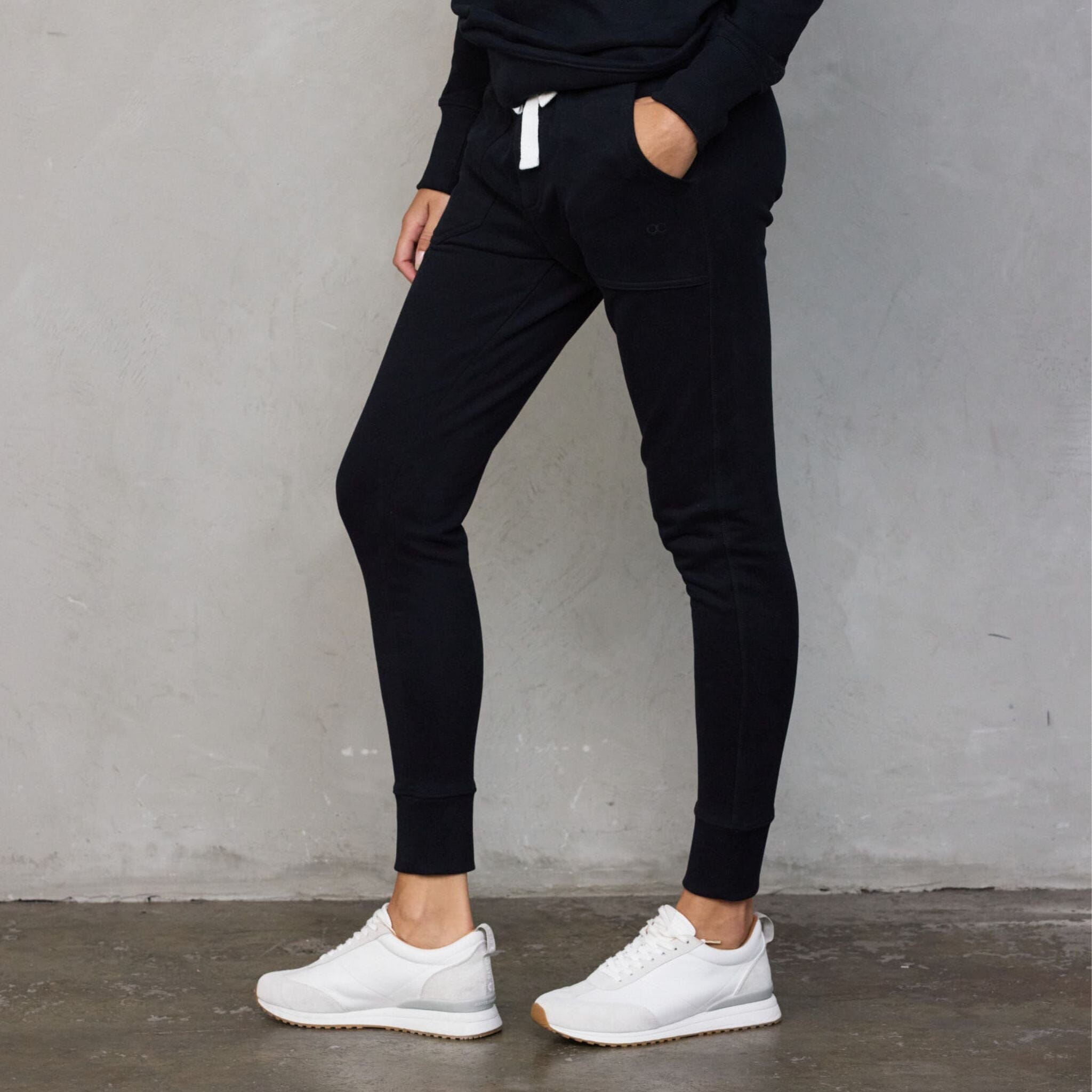 Chloe Organic Cotton Lux Touch Jogger Black with White Drawstring pants Organic Crew