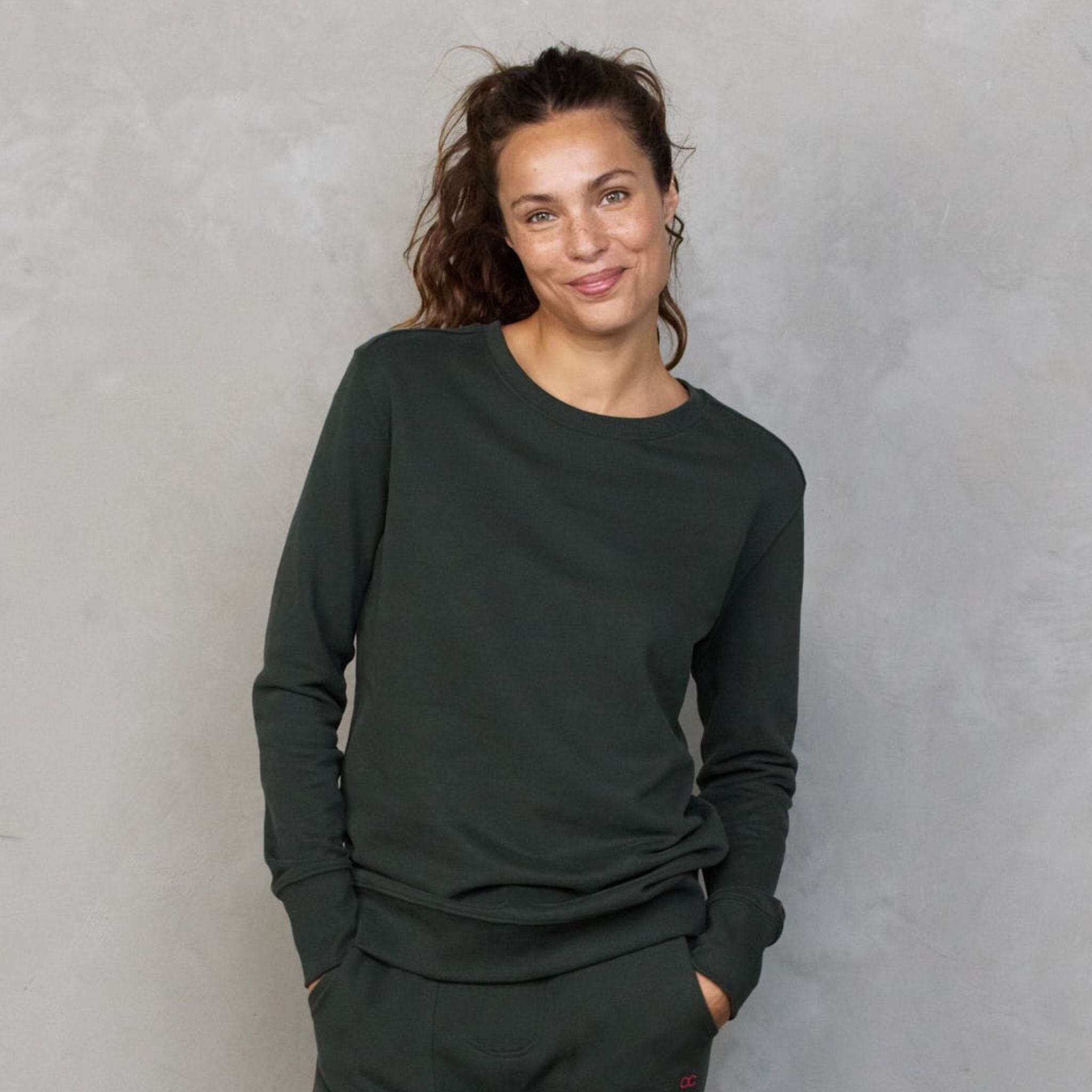 Chloe Lux Touch Sweater Deep Khaki pants Organic Crew