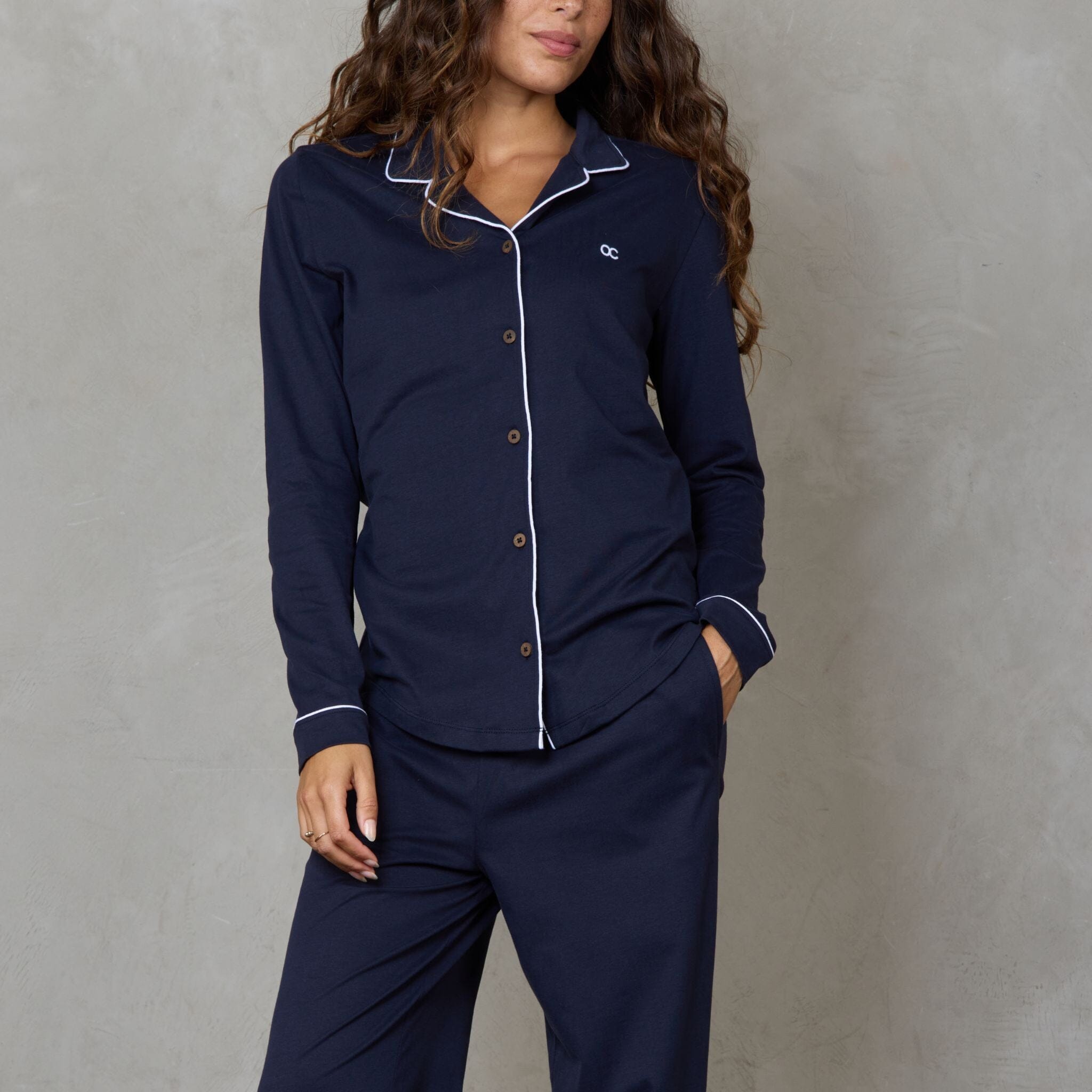 Portsea Long Sleeve Organic Cotton PJ Set Navy pj's Organic Crew