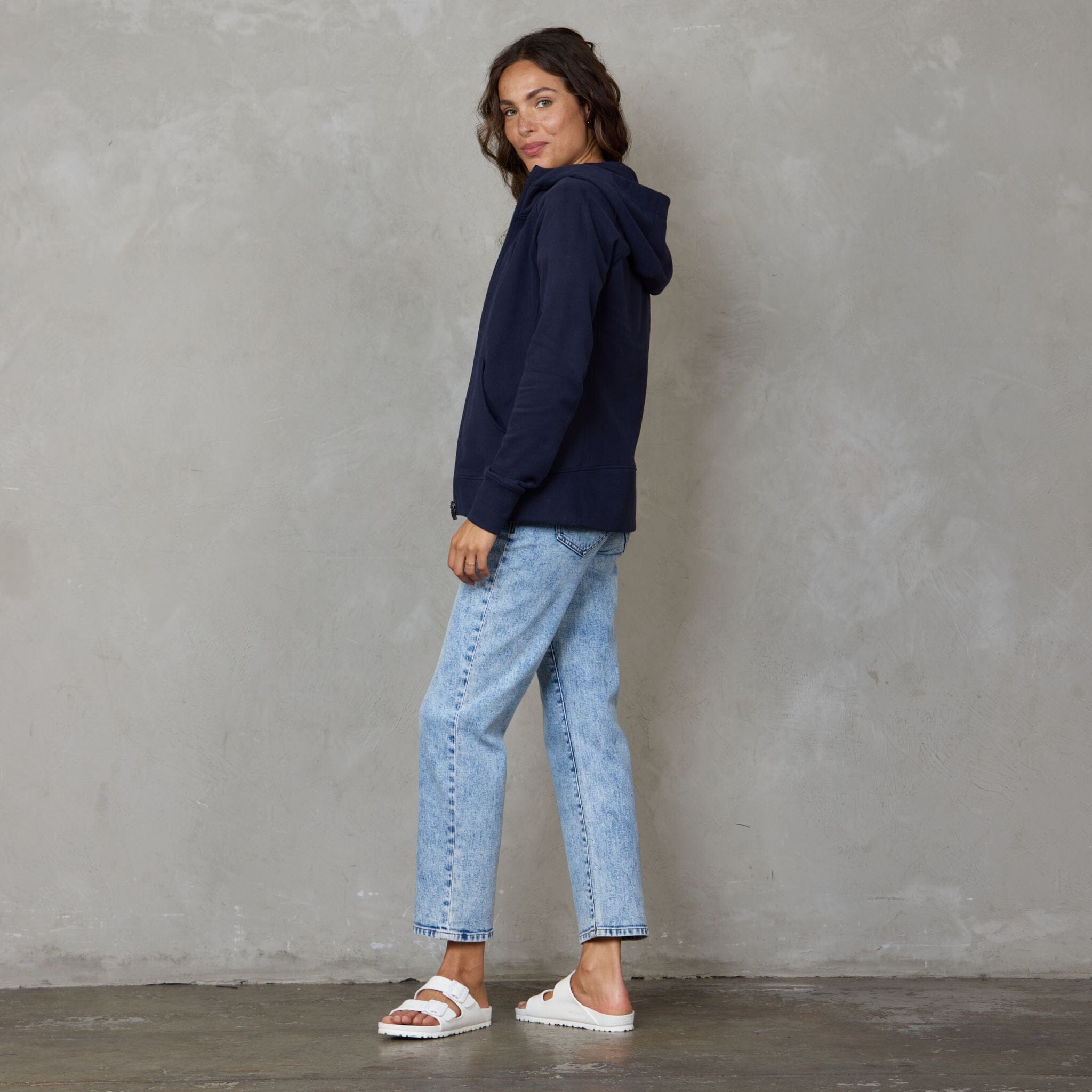 Chloe Zip Through Organic Cotton Lux Touch Hoodie Navy pants Organic Crew