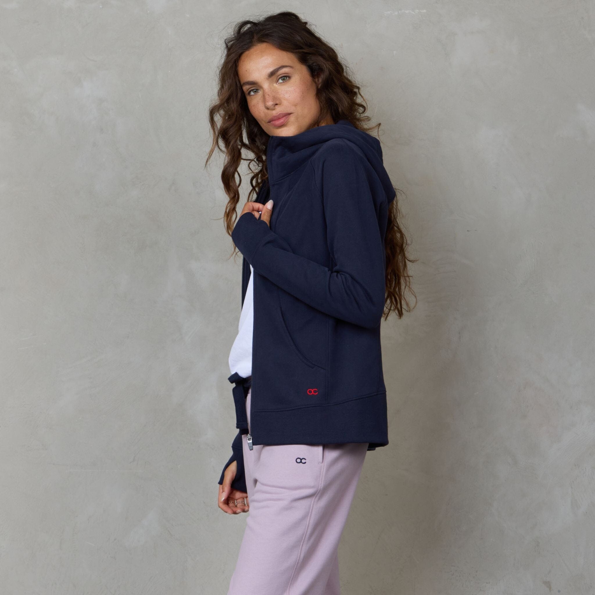 Chloe Zip Through Organic Cotton Lux Touch Hoodie Navy pants Organic Crew