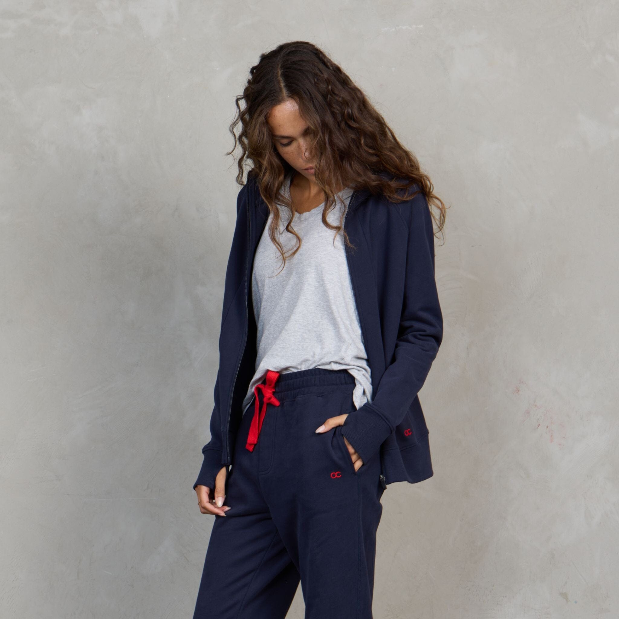 Chloe Zip Through Organic Cotton Lux Touch Hoodie Navy pants Organic Crew