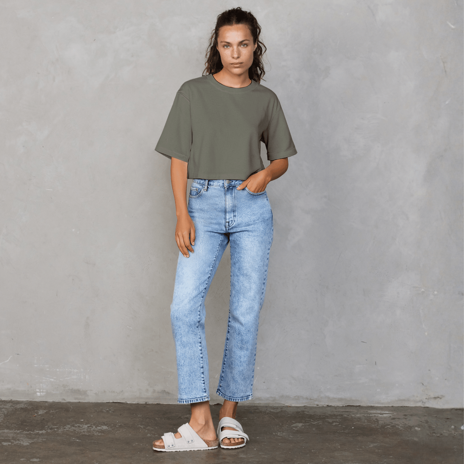 Luna Cropped Tee Khaki Tee Shirt Organic Crew