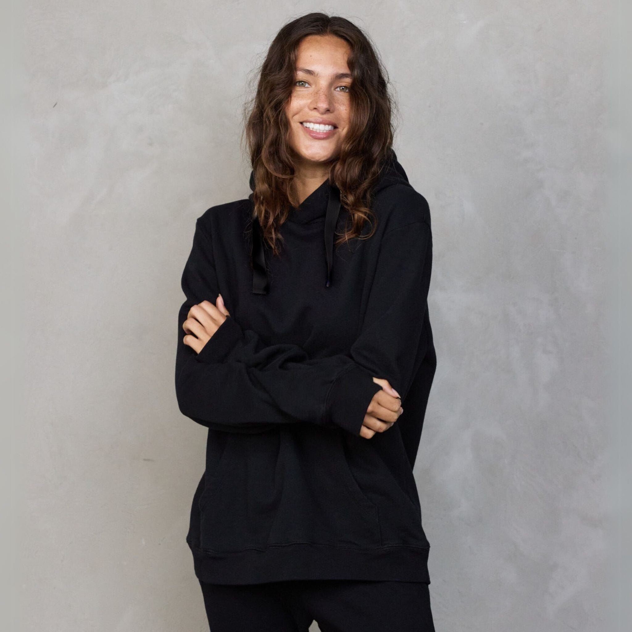 Slouchy Organic Cotton Hoodie Black with Black Drawstring Sweater Organic Crew