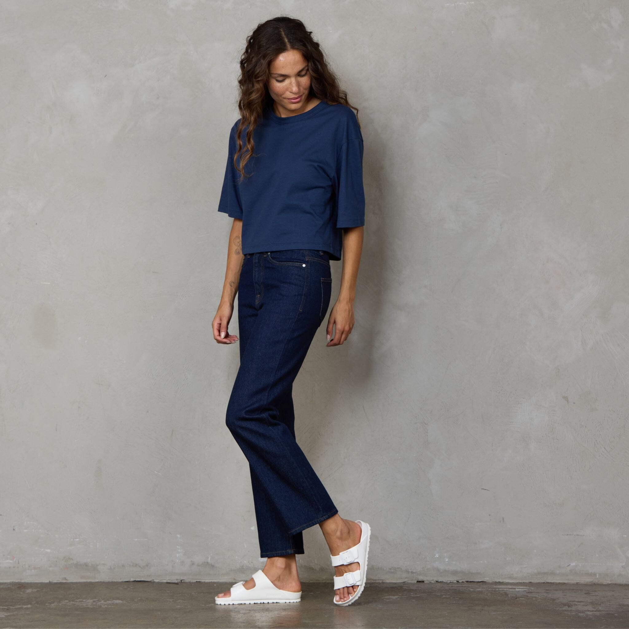 Luna Organic Cotton Cropped Tee Navy Tee Shirt Organic Crew