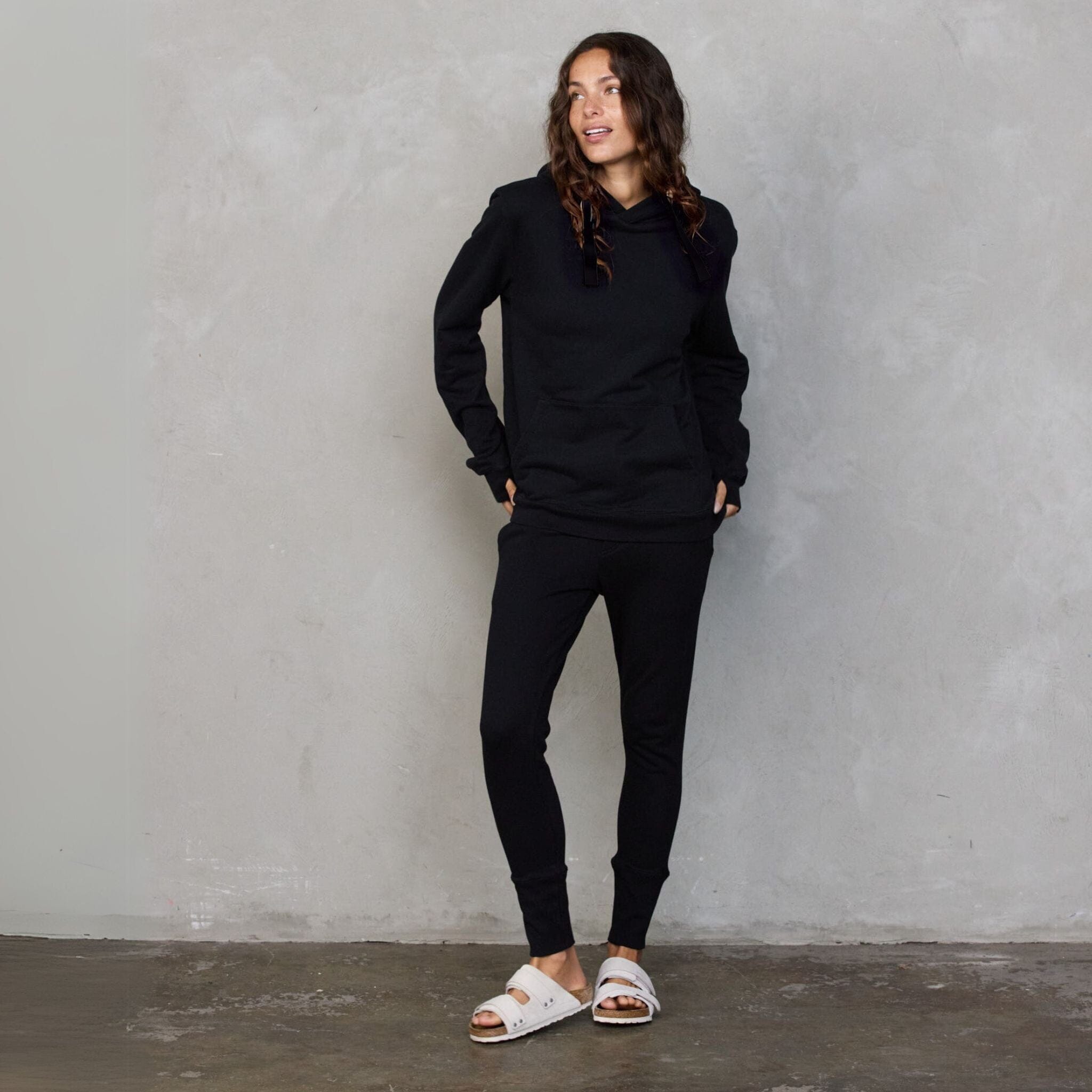 Slouchy Organic Cotton Hoodie Black with Black Drawstring Sweater Organic Crew
