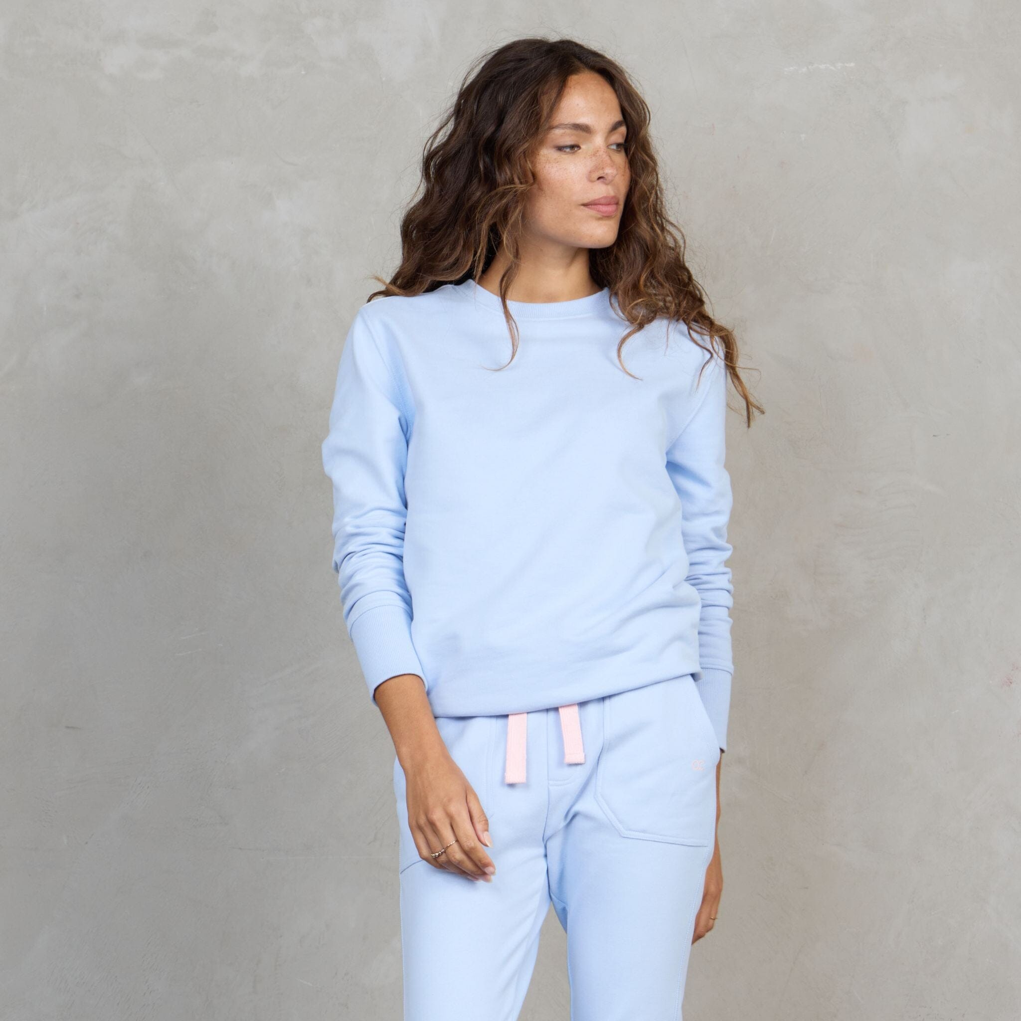 Chloe Organic Cotton Lux Touch Sweater Baby Blue pants Organic Crew