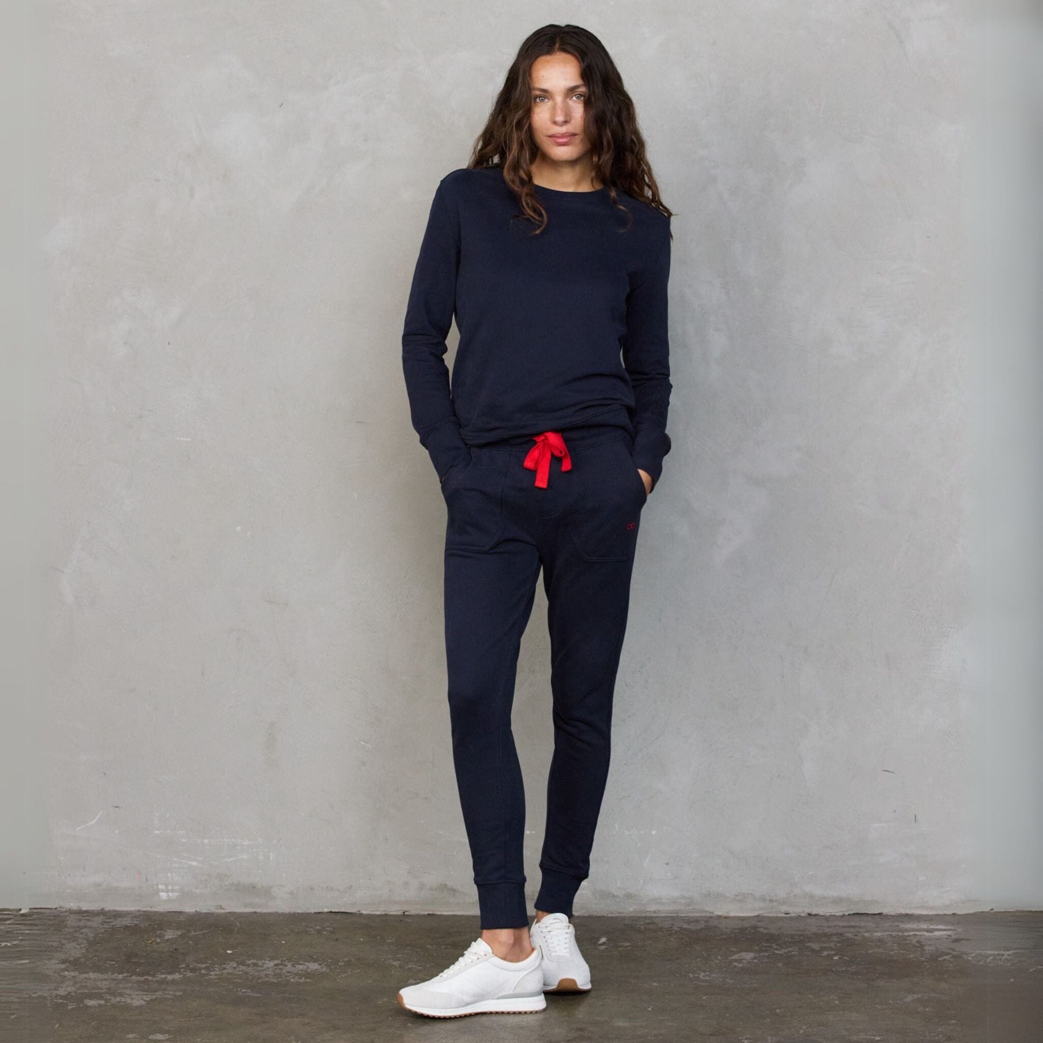 Chloe Lux Sweater Navy pants Organic Crew