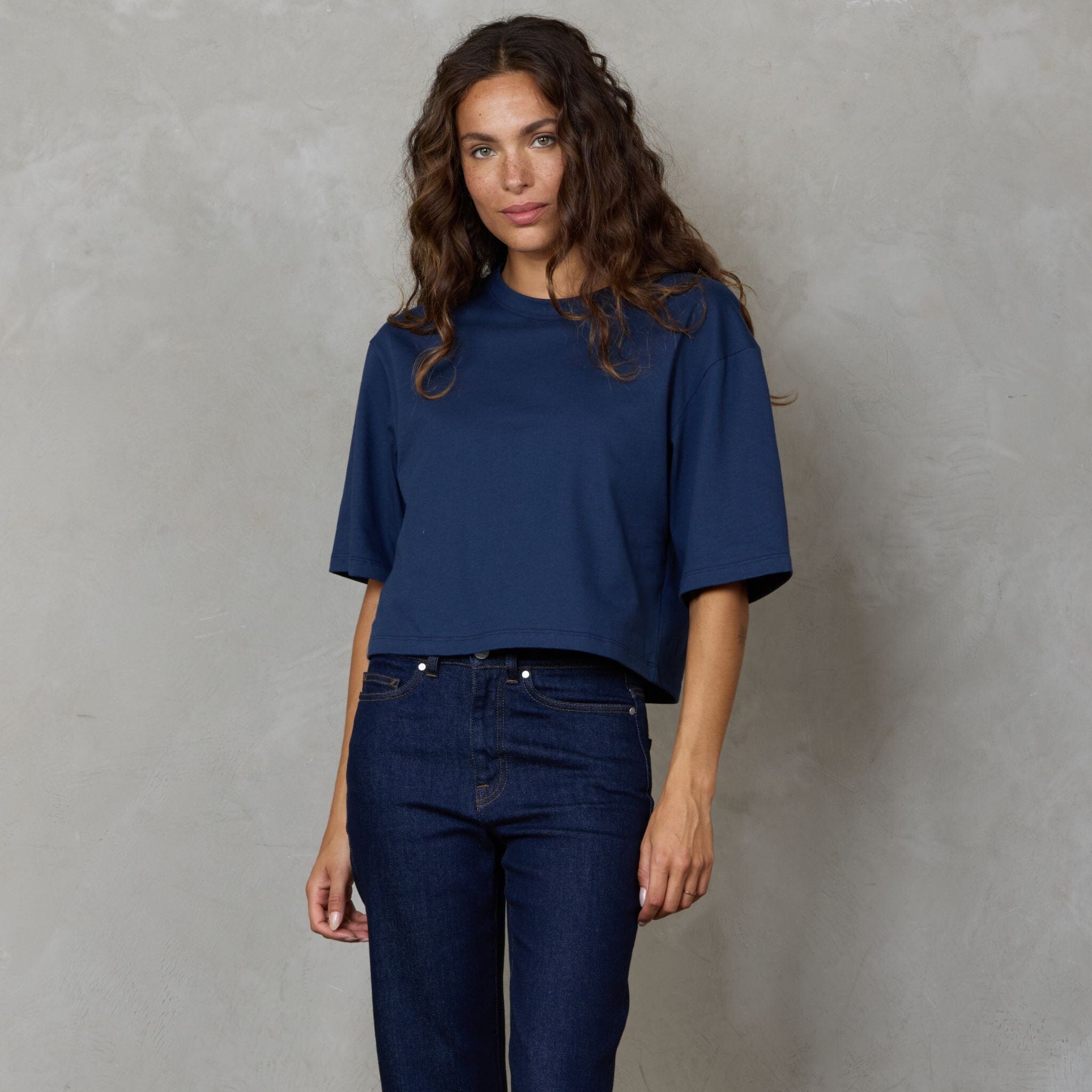 Luna Organic Cotton Cropped Tee Navy Tee Shirt Organic Crew