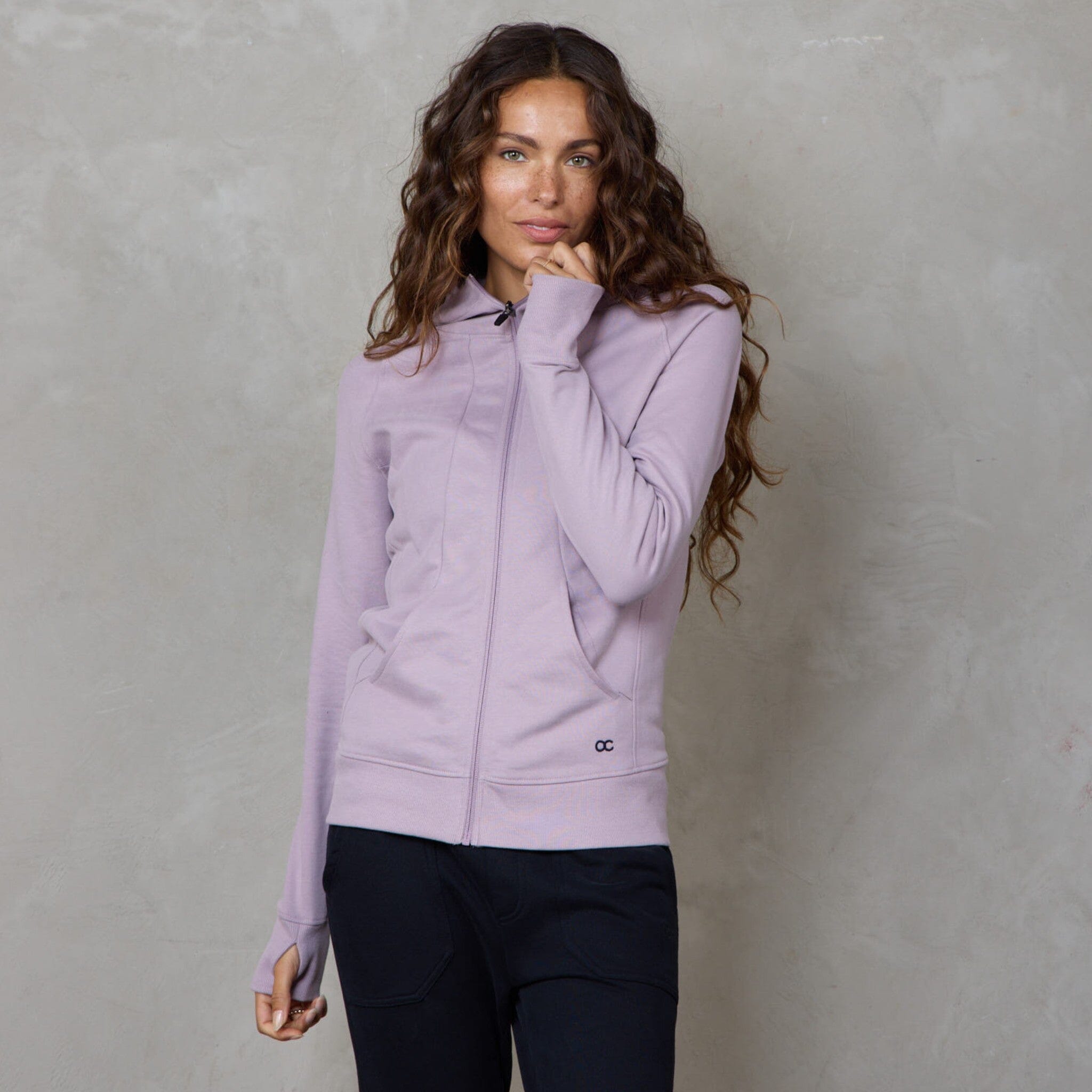 Chloe Zip Up Organic Cotton Lux Touch Hoodie Dusty Rose pants Organic Crew