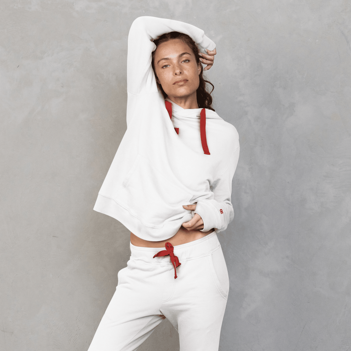 Slouchy Hoodie White with Red Drawstring Sweater Organic Crew