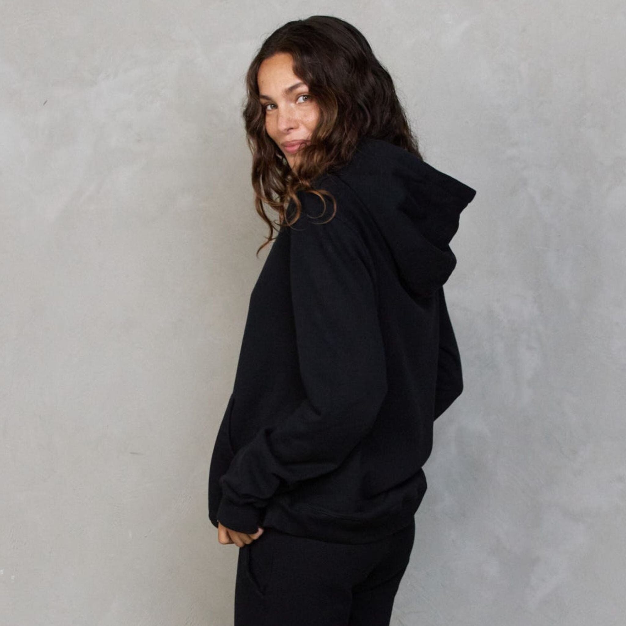 Slouchy Organic Cotton Hoodie Black with Black Drawstring Sweater Organic Crew