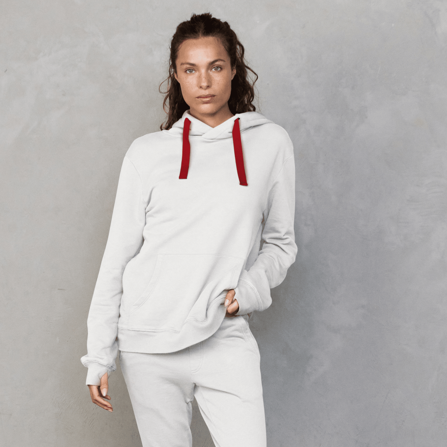 Slouchy Hoodie White with Red Drawstring Sweater Organic Crew