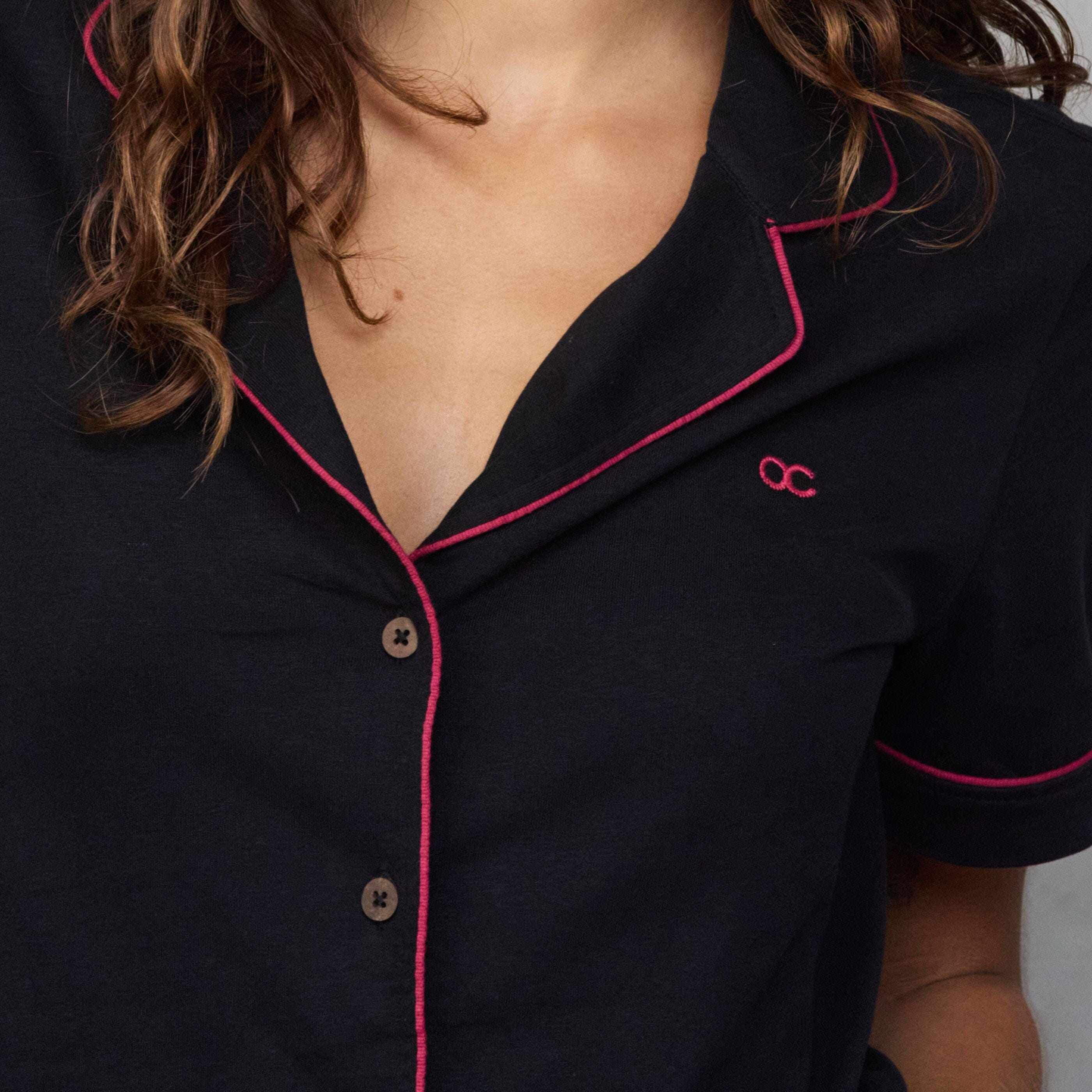 Portsea Short Sleeved PJ Set Black pj's Organic Crew