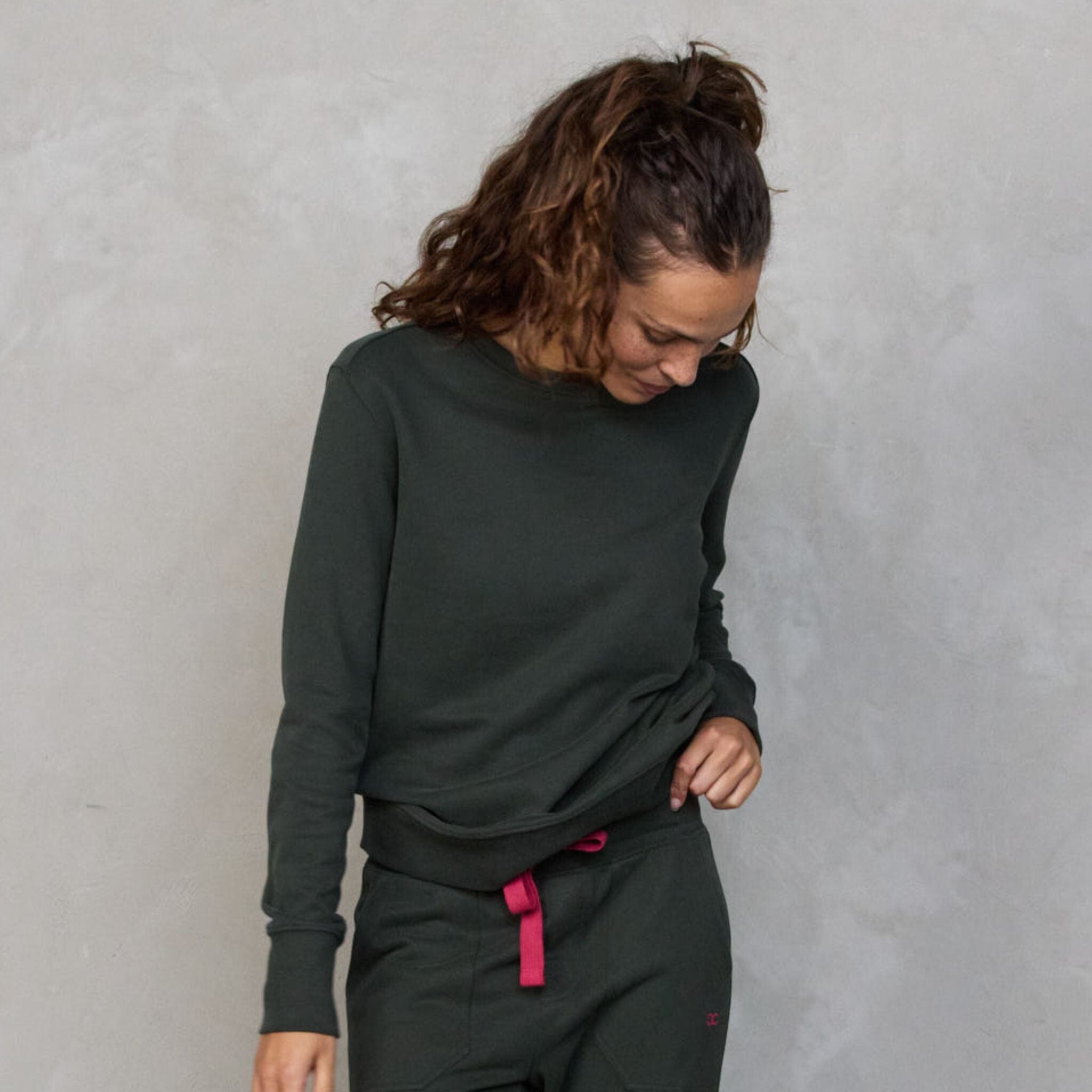 Chloe Lux Touch Sweater Deep Khaki pants Organic Crew