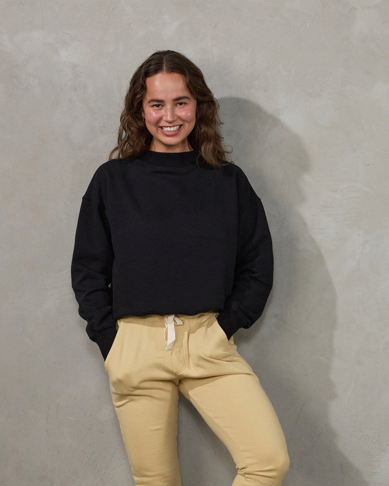 Easy Sweat Brushed Fleece Black Sweater Organic Crew 