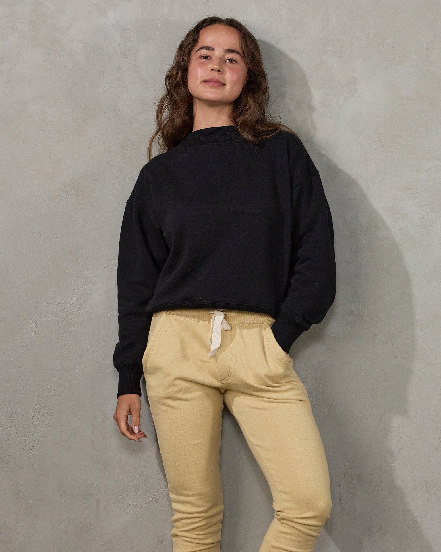 Easy Sweat Brushed Fleece Black Sweater Organic Crew 