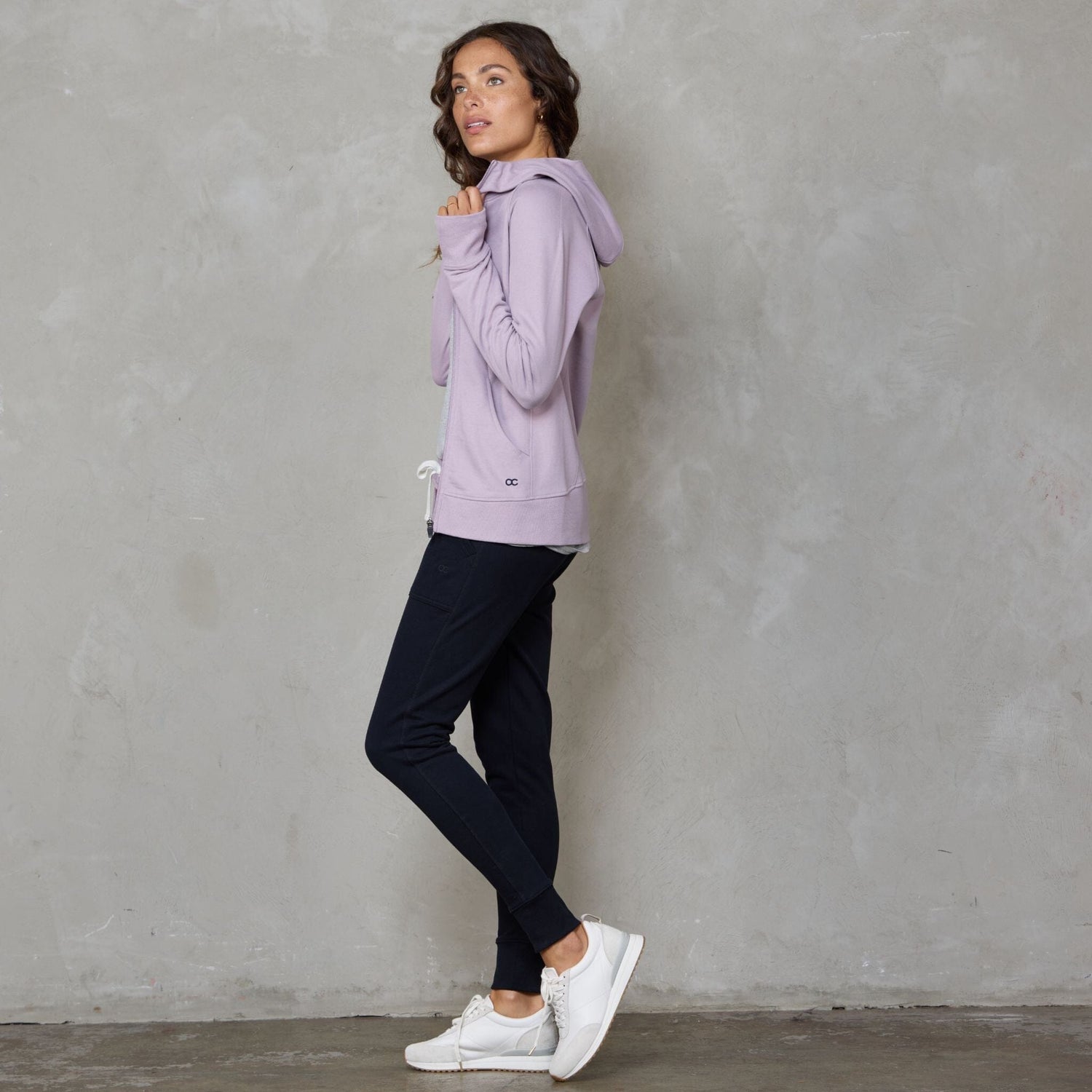 Chloe Zip Through Organic Cotton Lux Touch Hoodie Dusty Rose pants Organic Crew 