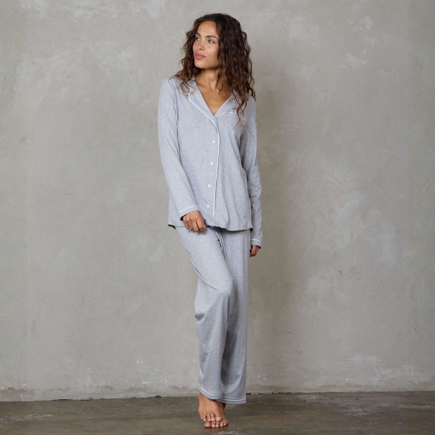 Portsea Long Sleeve Organic Cotton PJ Set Grey Marle pj's Organic Crew 