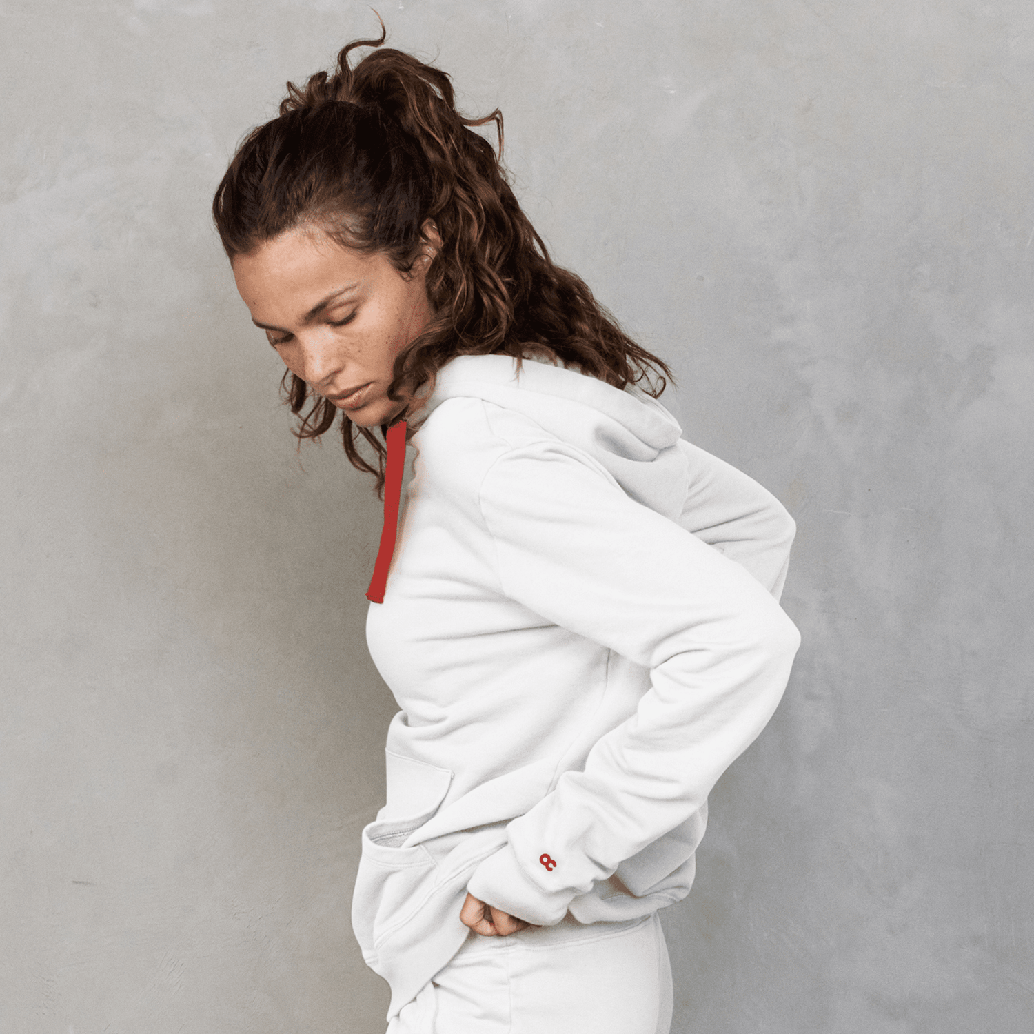 Slouchy Hoodie White with Red Drawstring Sweater Organic Crew 
