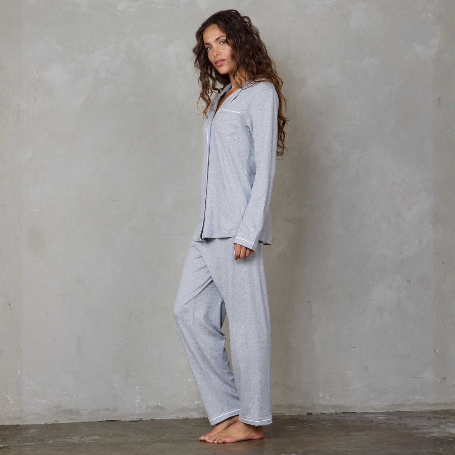 Portsea Long Sleeve Organic Cotton PJ Set Grey Marle pj's Organic Crew 