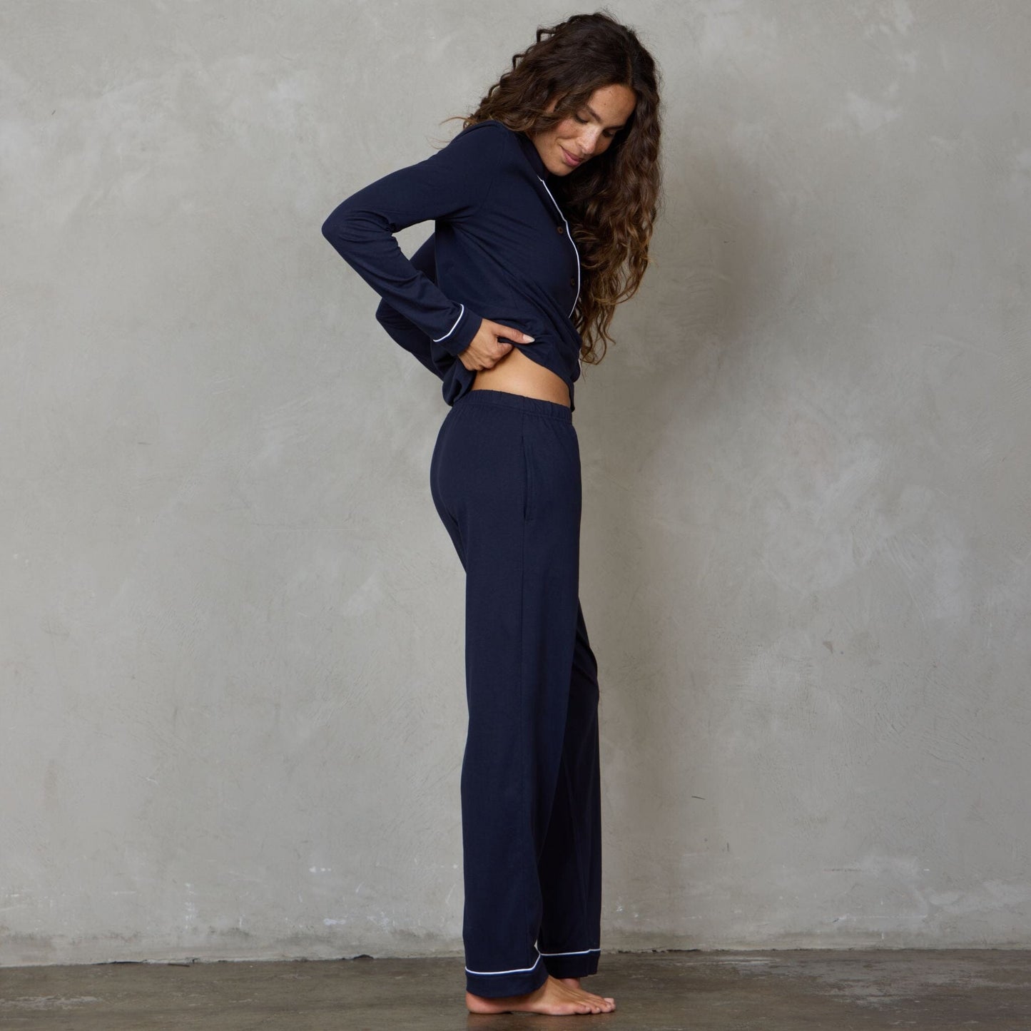 Portsea Long Sleeve Organic Cotton PJ Set Navy pj's Organic Crew 
