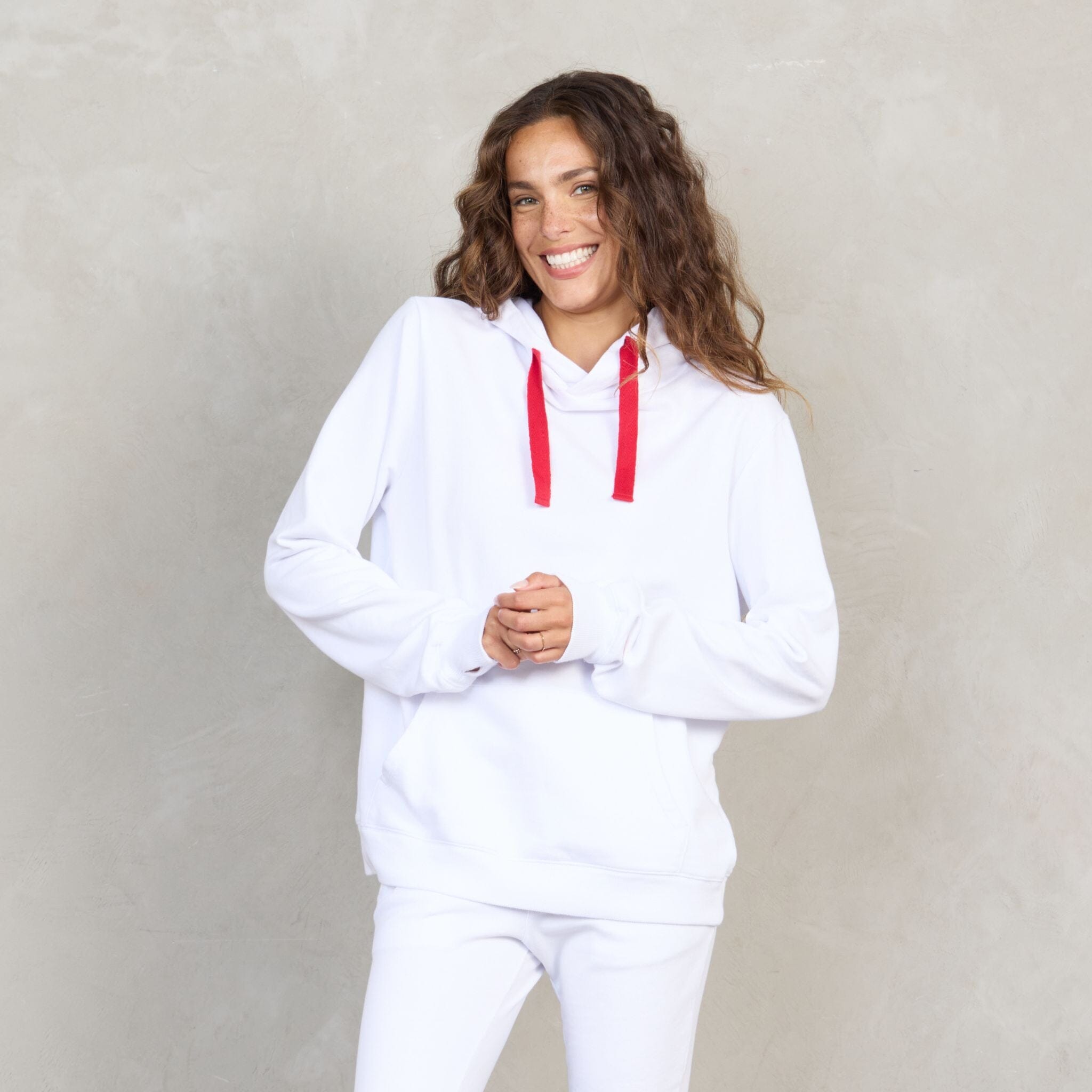 Slouchy Organic Cotton Hoodie White With Red Drawstring Sweater Organic Crew 