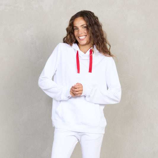 Slouchy Organic Cotton Hoodie White With Red Drawstring Sweater Organic Crew