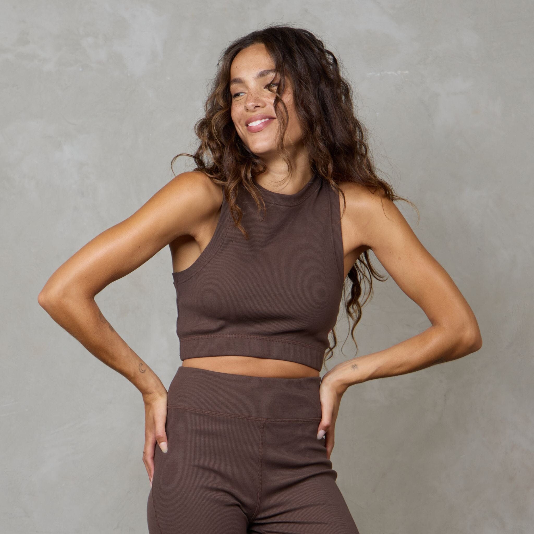 Gaia Organic Cotton Ribbed Racerback Yoga Crop Top Bra Support Chocolate Tank Organic Crew 